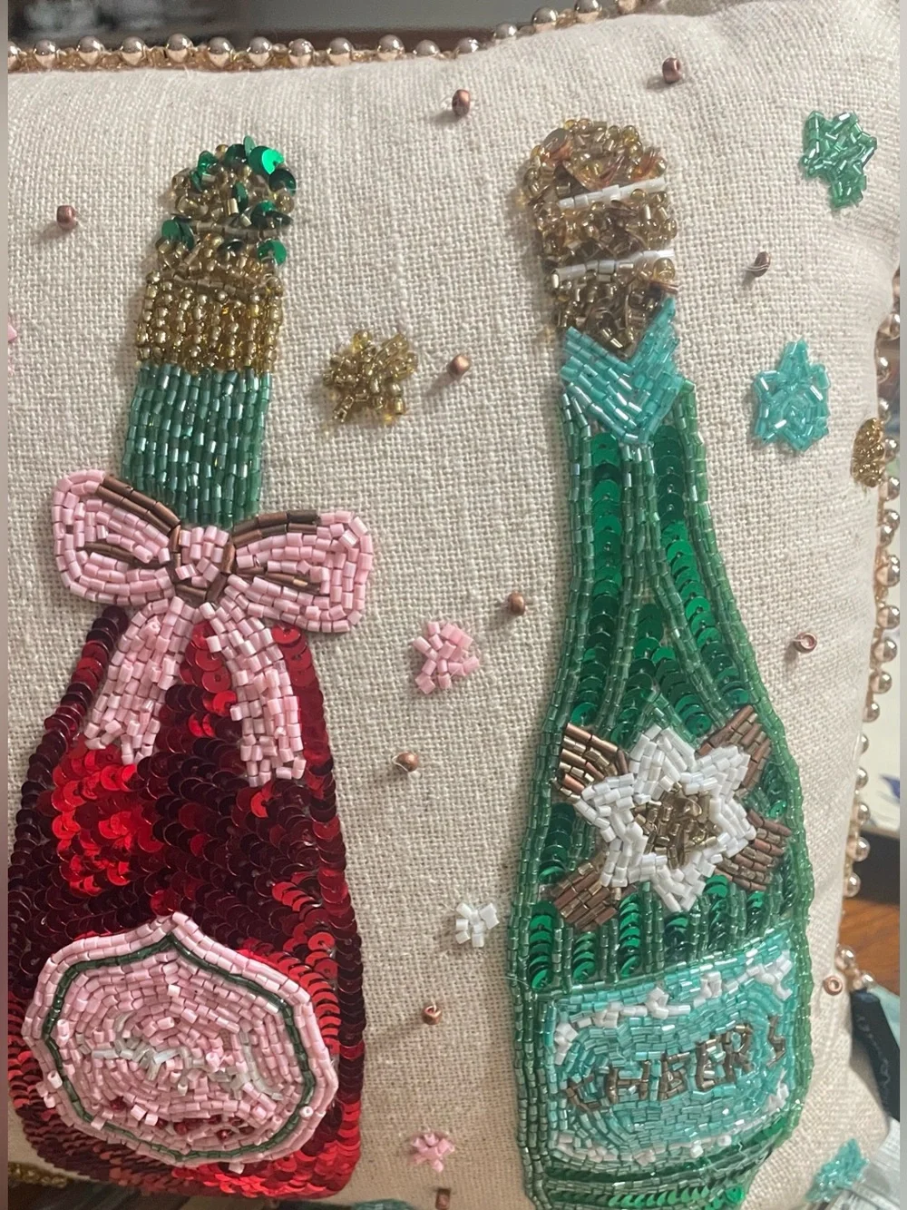 Cynthia Rowley Holiday Bottle Sequin Embroidered Decorative Pillow - Green & Red